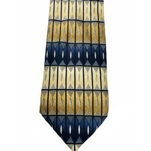 Vintage Geometric Pattern Silk Neck Tie in Blue, Gold, and Cream